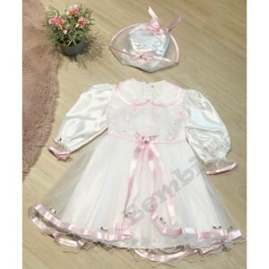 Svētku kleita balta ar rozā + cepure 86 izm.