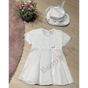 Krēmkrāsas kokvilnas svētku kleita ar cepuri 68-86 izm. meitenēm