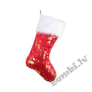 Ziemassvētku zeķe, sarkana, ar zeltainu ziemeļbriedi, 49x22 cm